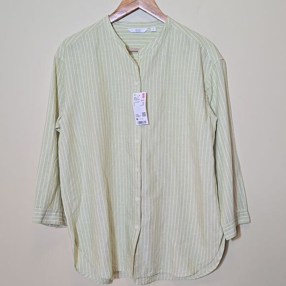 Uniqlo Linen Blend Striped Button Down Shirt Medium 3/4 Sleeve Band Collar Green - Picture 5 of 11